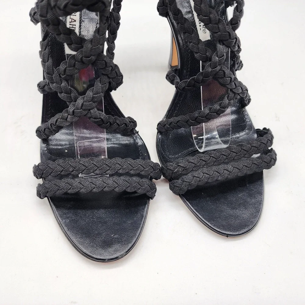 Manolo Blahnik Braided Gladiator Sandal Heels in Black Cotton Women's 39 Strappy